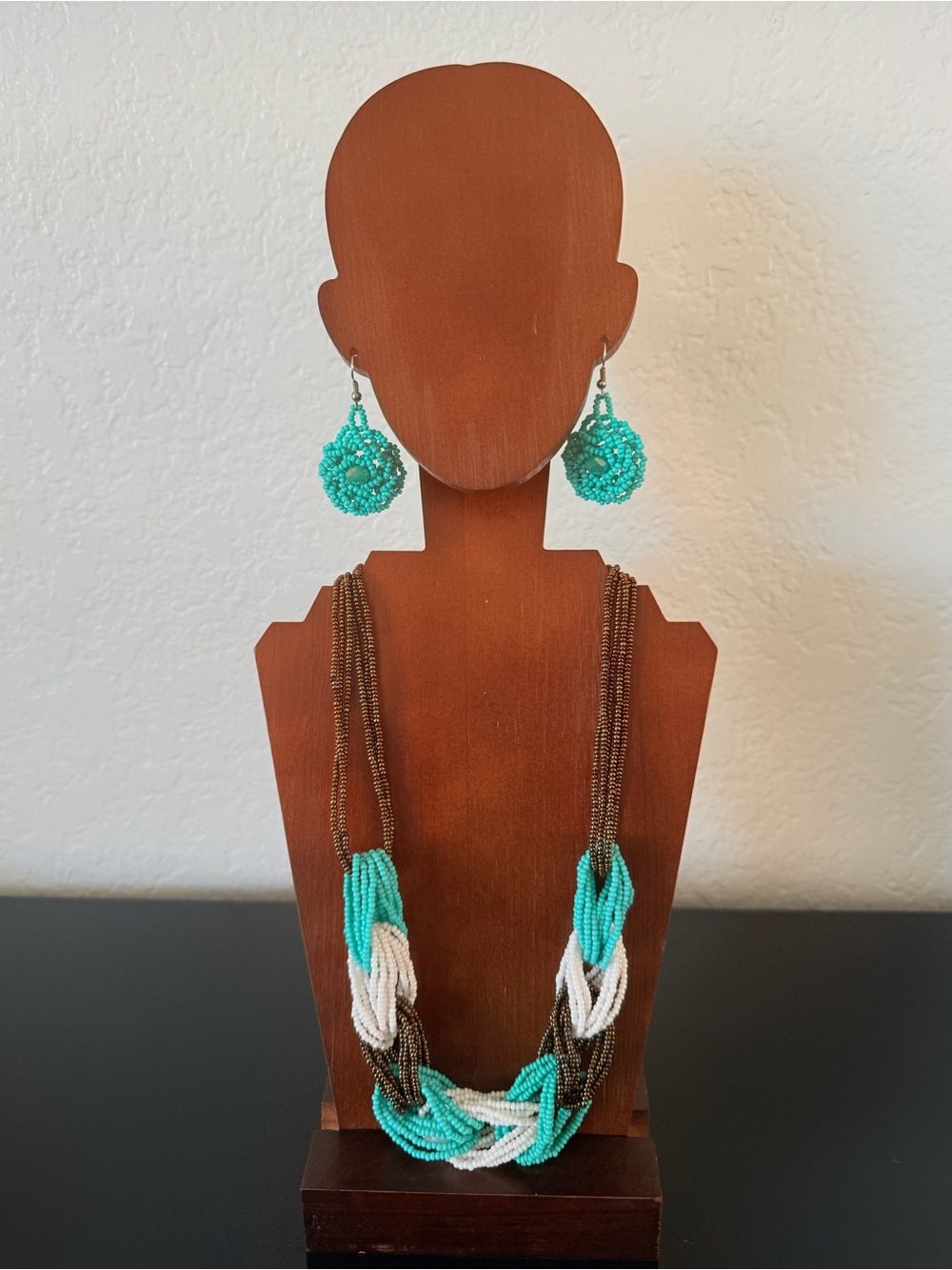 Turquoise, White & Brown Beaded Multi-Strand Necklace with Matching Earrings